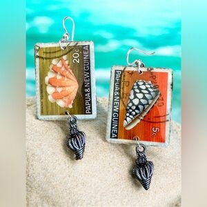 Vintage stamps Papua New Guinea Shells custom earrings sterling wires philately